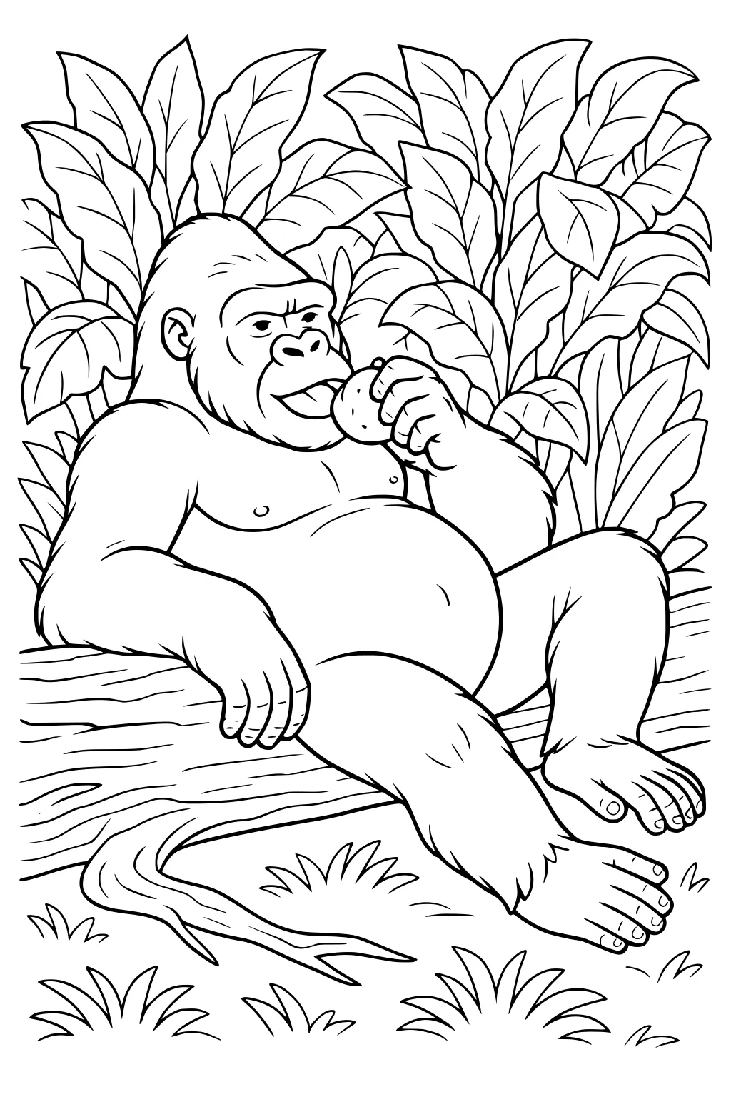 Gorilla sits on a log, eating fruit, surrounded by jungle leaves and grass.