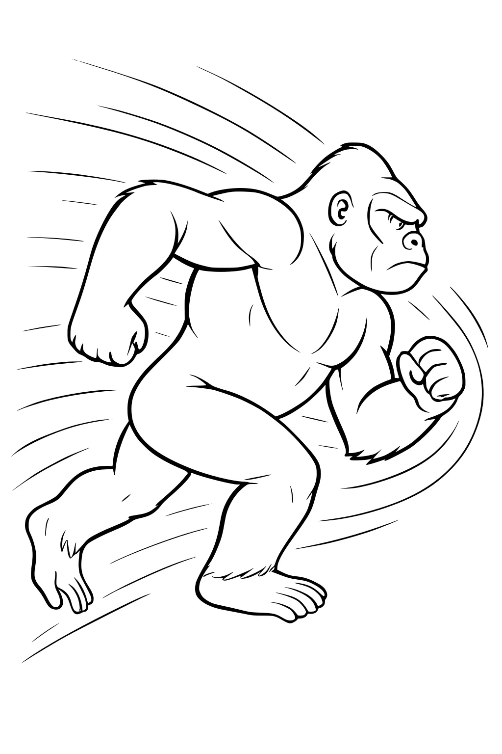 Running gorilla with clenched fists, furrowed brow, and motion lines behind him, shown in bold outline style.