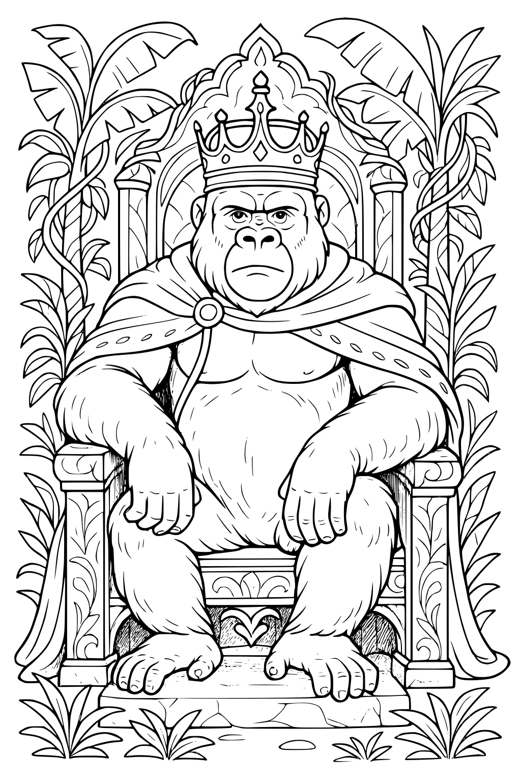 Gorilla with crown and cape sitting on ornate throne, jungle plants in the background.