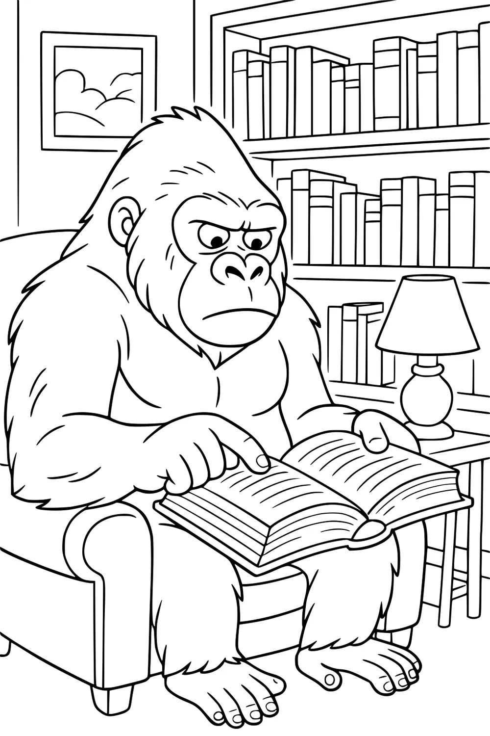 A gorilla reads a book in an armchair with shelves of books, a lamp, and a window in the background.