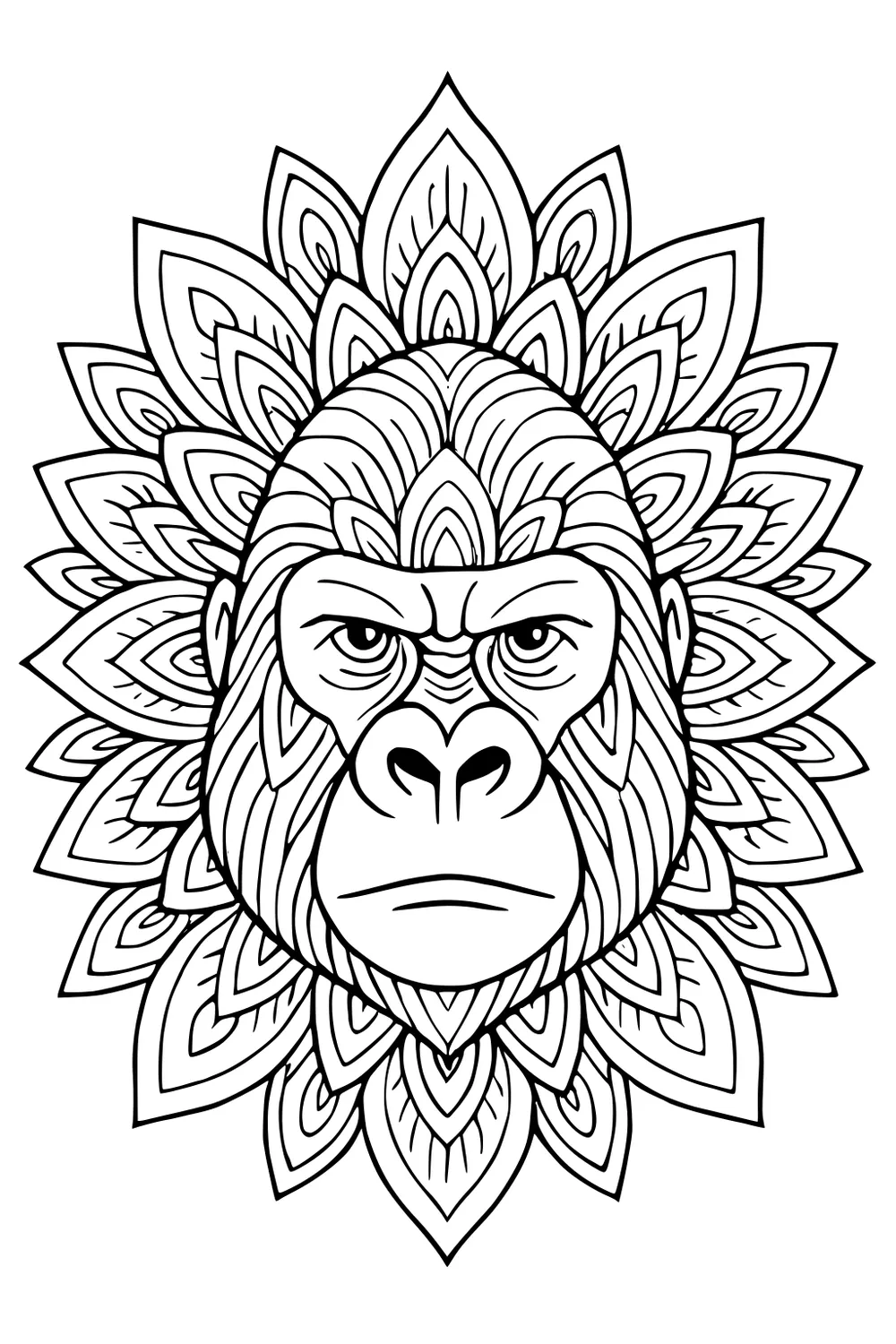 Large gorilla face with calm eyes, ringed by layers of patterned leaves in a mandala-like design.