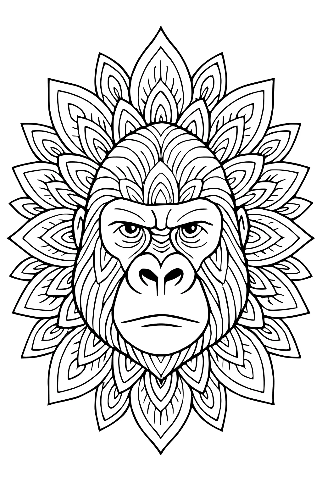 Large gorilla face with calm eyes, ringed by layers of patterned leaves in a mandala-like design.