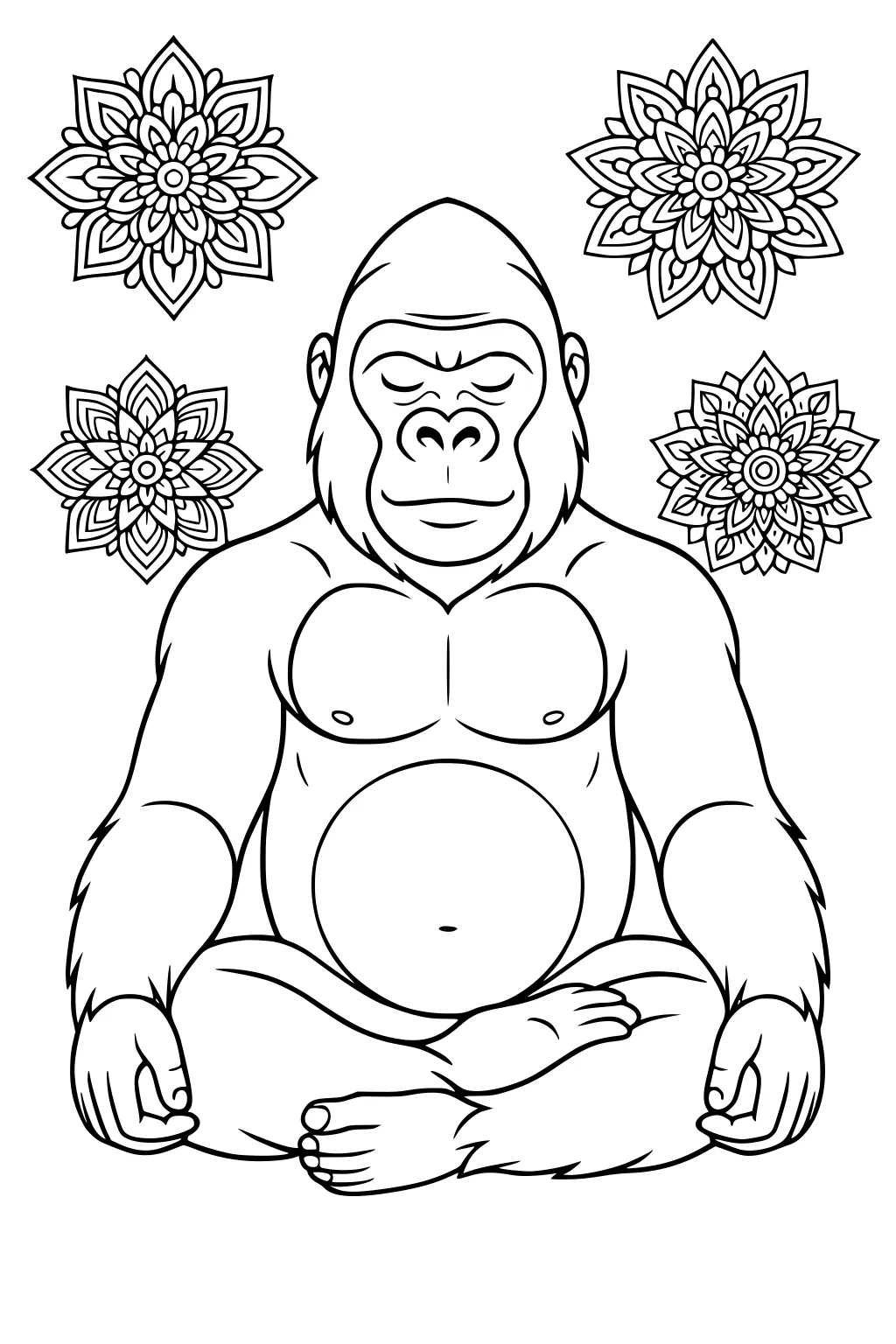 Sitting gorilla with eyes closed, surrounded by four mandala flowers in the background.