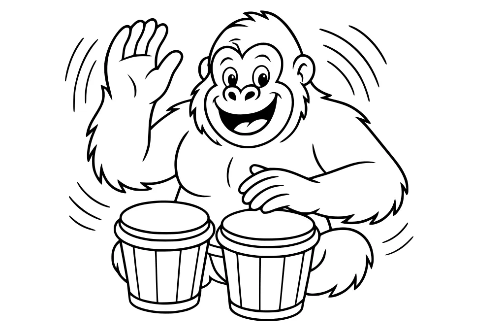 Cartoon gorilla with a big smile playing two bongo drums, one hand raised, motion lines around arms.
