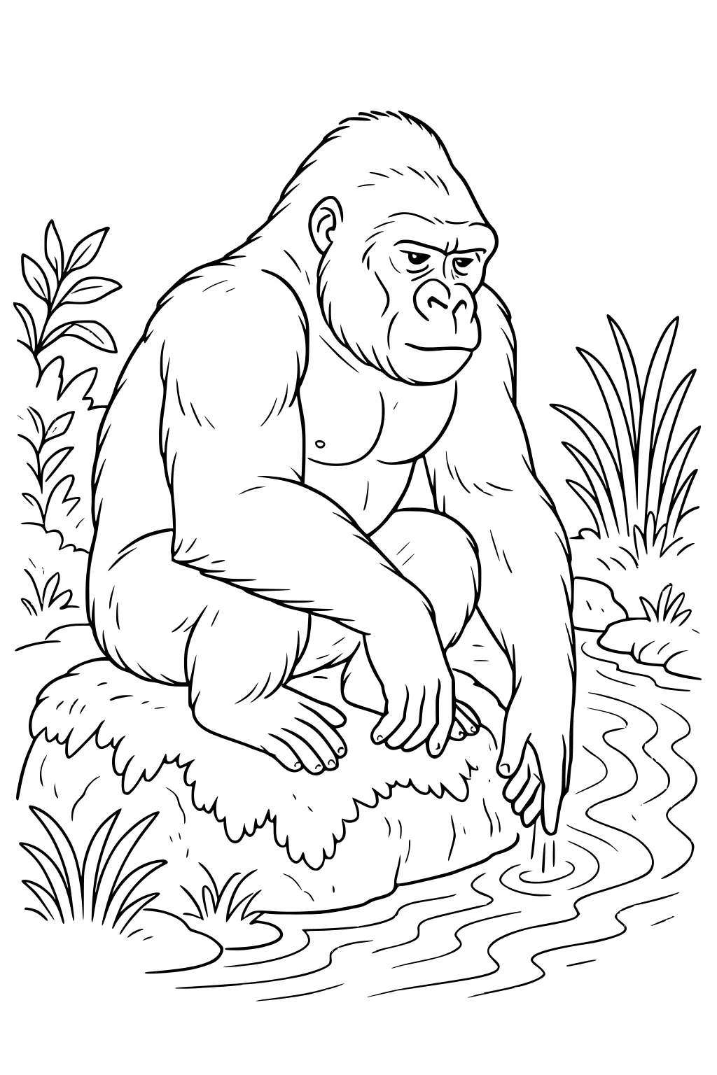 Gorilla sits on a rock by a stream, touching water with one hand, surrounded by grass and bushes.