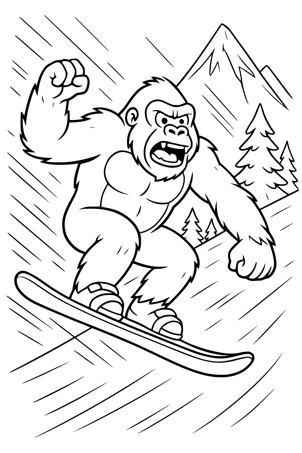 Gorilla snowboarding fast down a mountain, pine trees and snowy peak in the background.