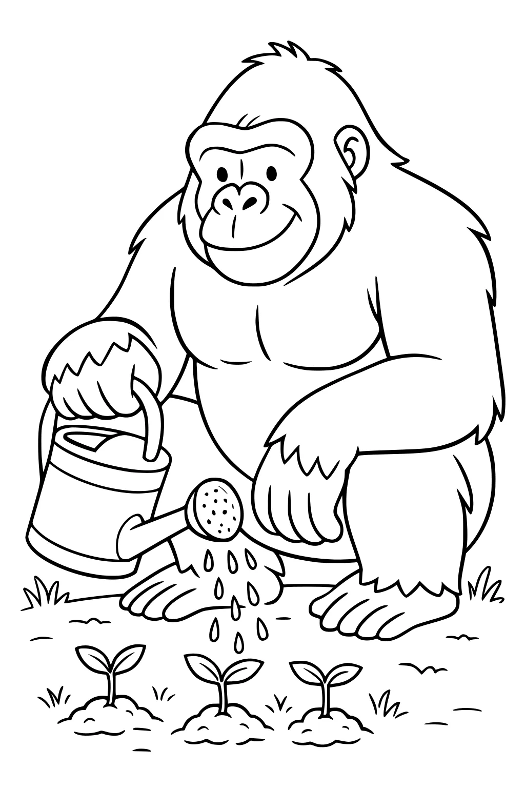 Smiling gorilla kneeling on grass, watering three small sprouts with a can.