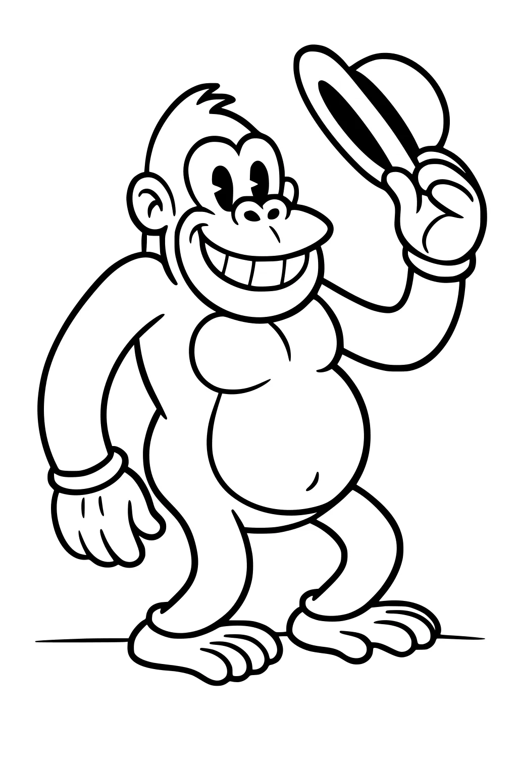 Cartoon gorilla grinning and tipping a small hat with one hand, standing upright, big belly, large feet.