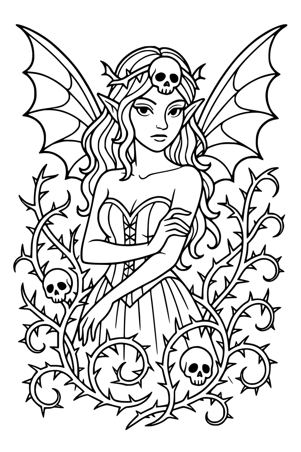 Fairy girl with bat wings and long hair, corset dress, surrounded by curling thorny vines and small skull charms.