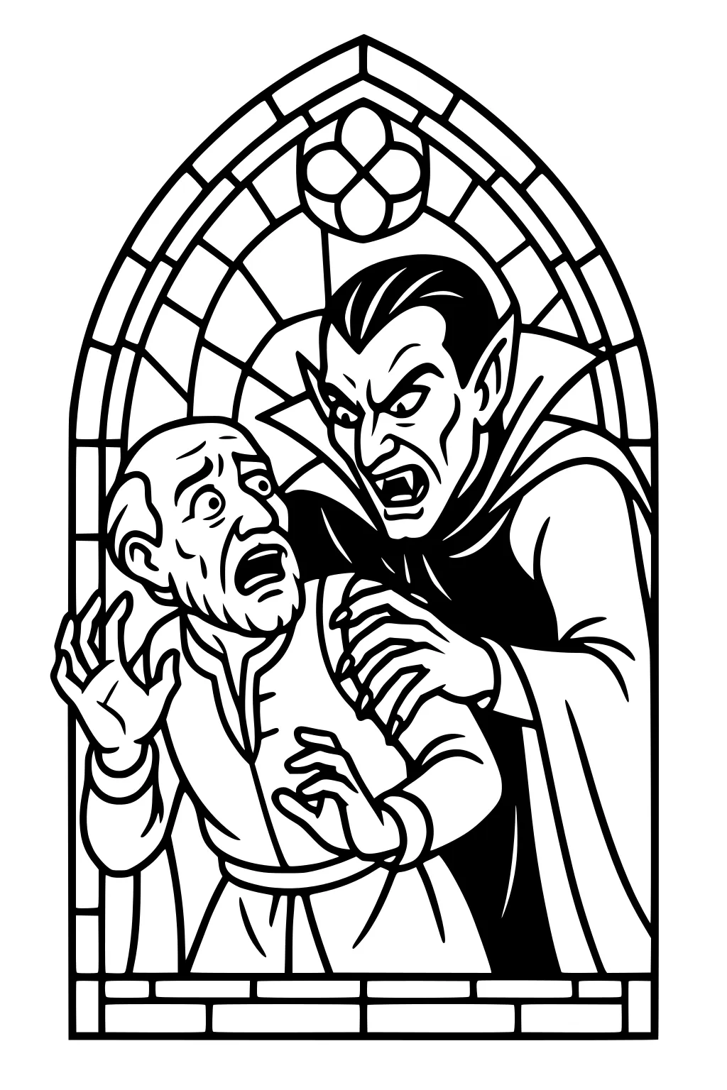 Vampire with cape and fangs reaches toward a startled old man inside a gothic arched stained-glass window, bold black outlines.