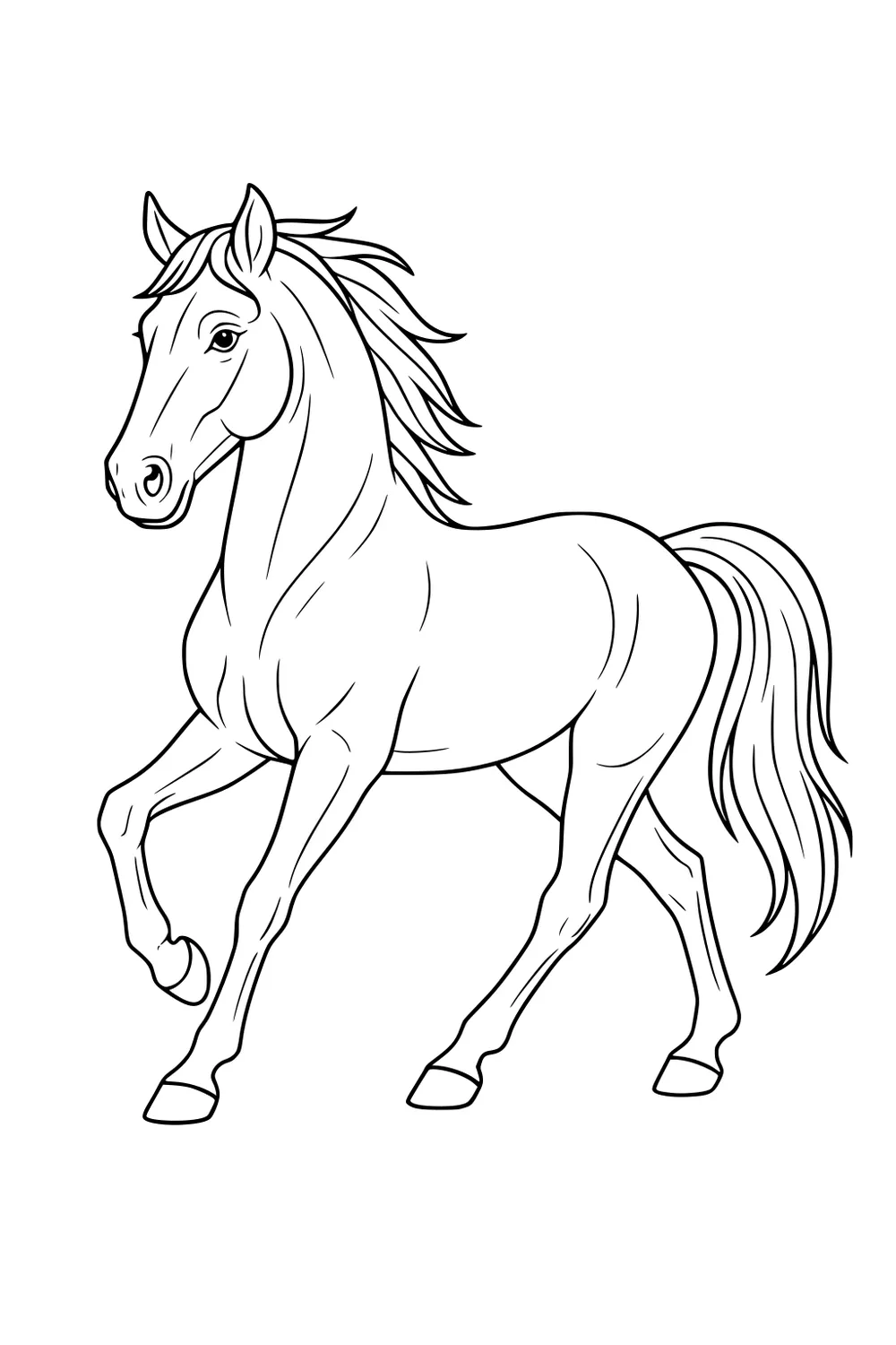 Line drawing of a horse with a long mane and tail, raising one front hoof, head turned slightly to the left.