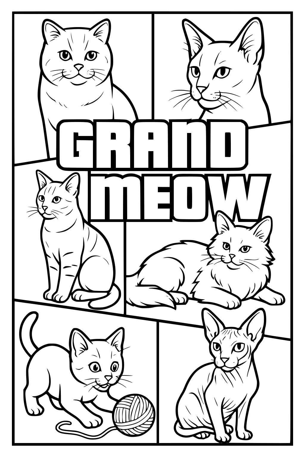 Six different cats in framed panels with GRAND MEOW text in the center, including one kitten playing with a ball of yarn.