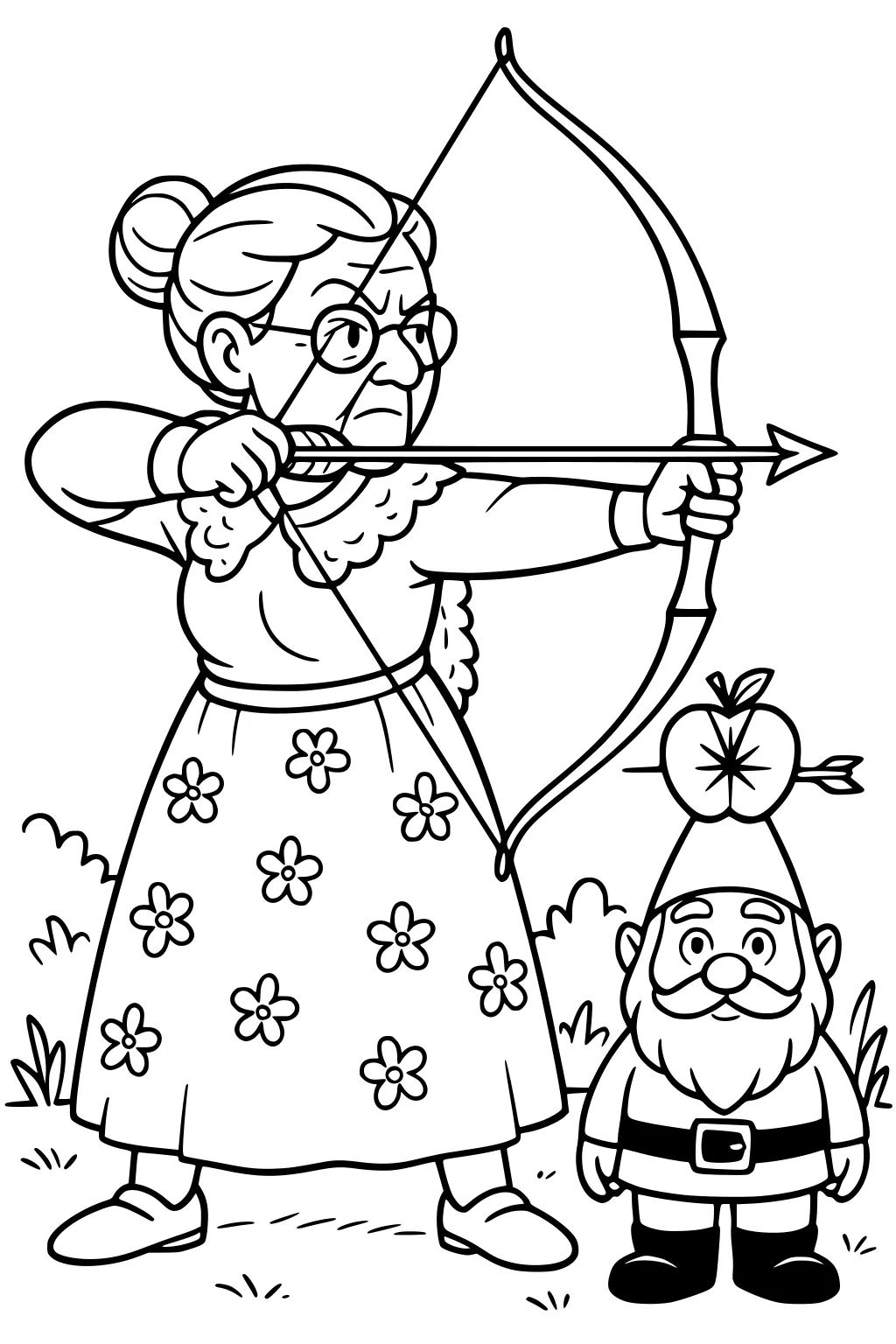 Grandmother aims a bow at an apple on a garden gnome's hat; floral dress, glasses, hair in bun, simple bushes and grass.