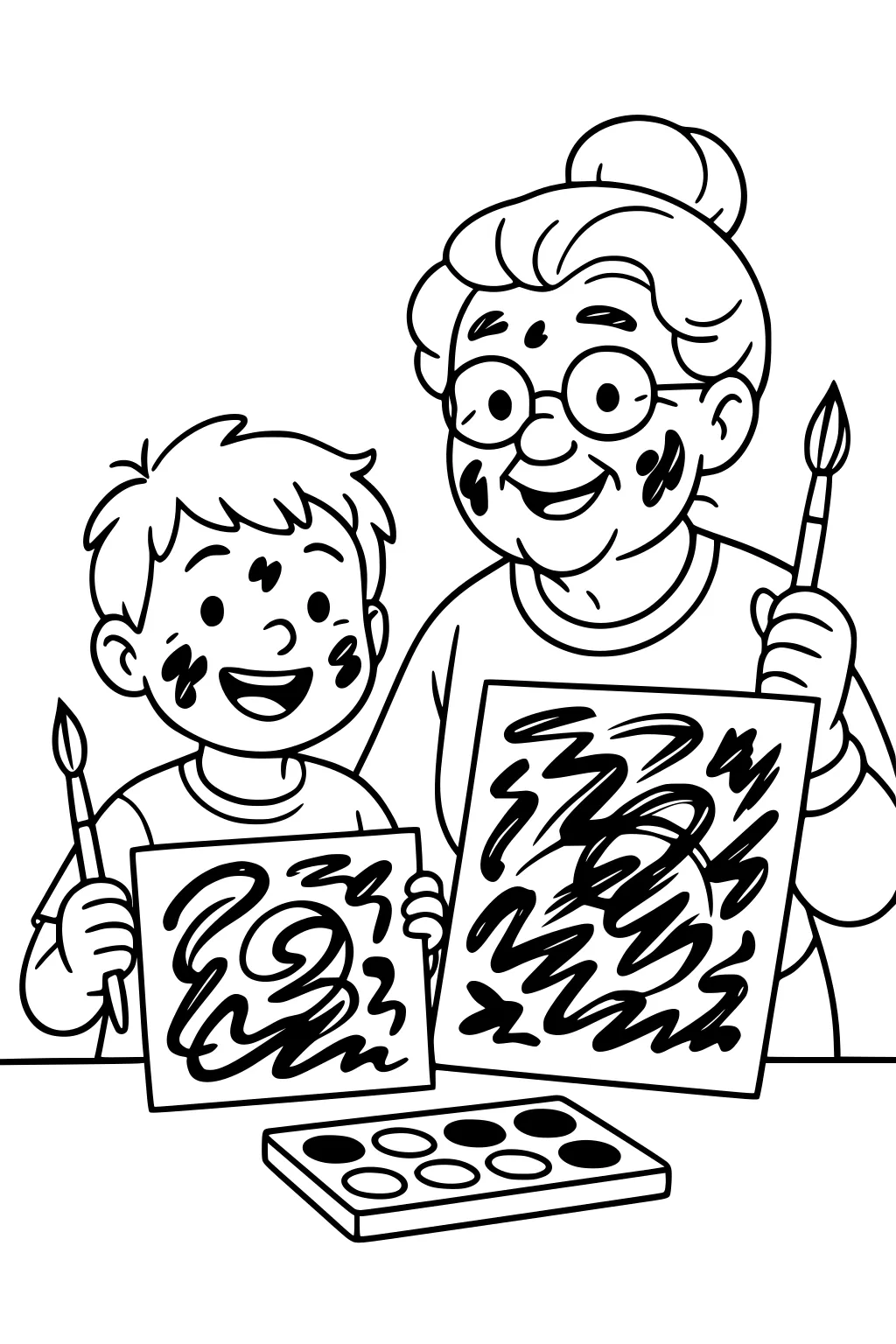 Grandmother with glasses paints with a boy; both hold squiggly art, paint on faces, brushes in hand, palette on the table.