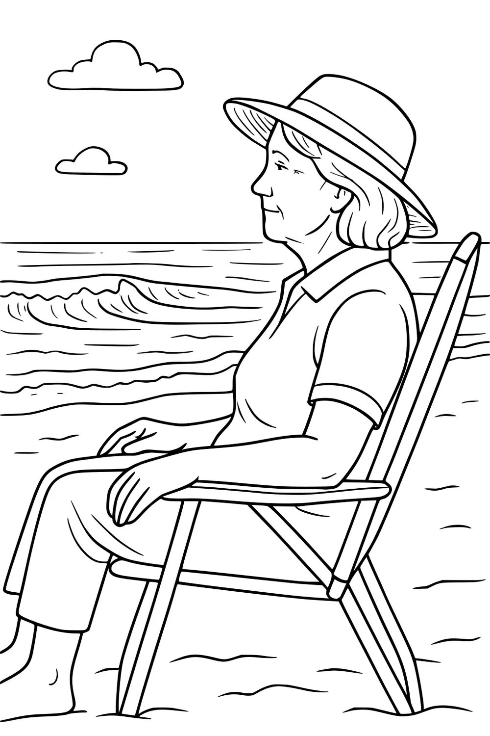 Older woman in a sun hat sits in a beach chair by ocean waves, feet in sand, two clouds above, side view line art.