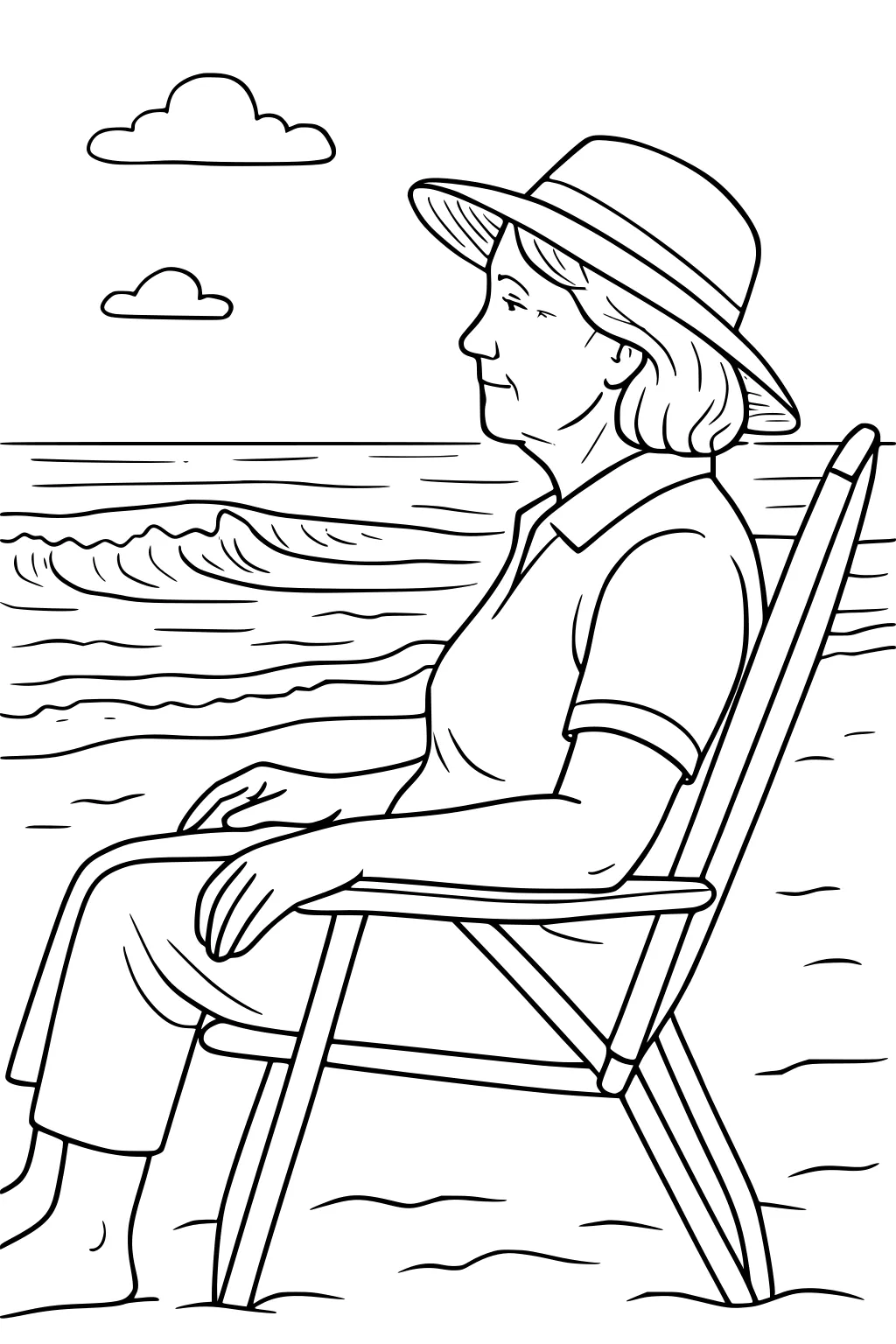 Older woman in a sun hat sits in a beach chair by ocean waves, feet in sand, two clouds above, side view line art.