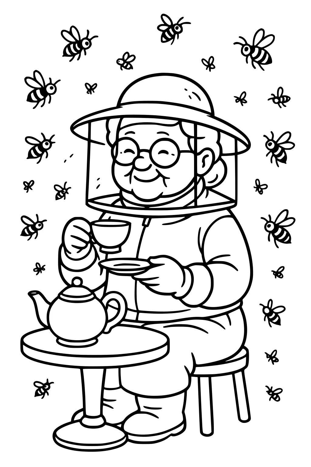 Smiling grandma beekeeper drinks tea at a small table with teapot, bees buzzing around, wearing veil helmet and round glasses.