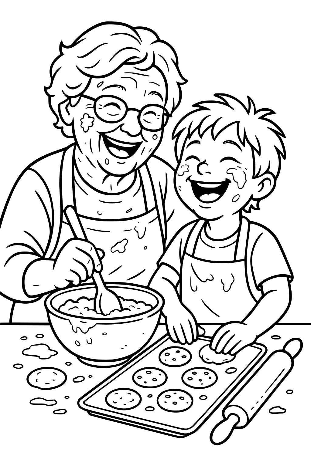 Grandma and young boy bake cookies at a counter; mixing bowl, tray, aprons, batter splatters, rolling pin, both laughing.