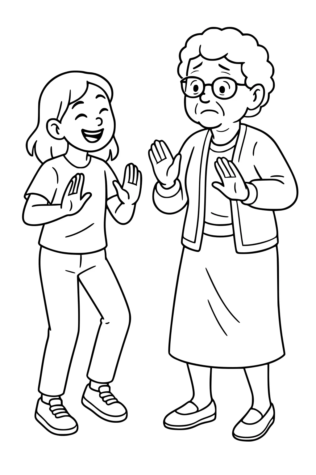 Smiling girl teaches hesitant grandma a dance. Both raise hands. Grandma in glasses, cardigan, skirt; girl in T-shirt, pants, sneakers.