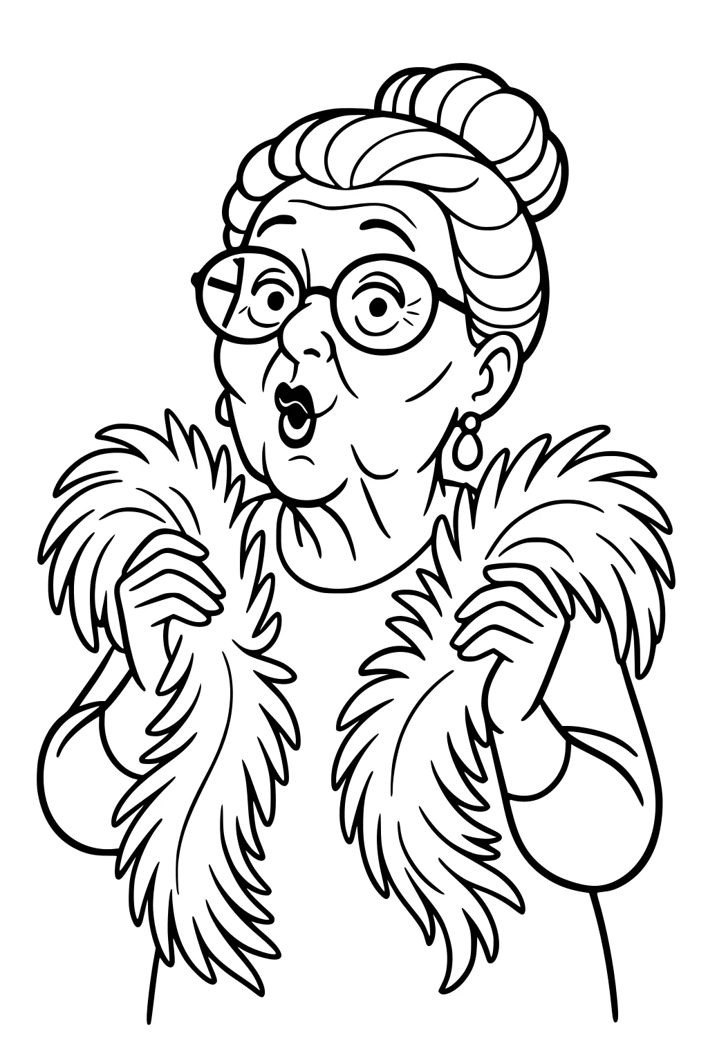 Elderly grandma with bun and round glasses holding a fluffy feather boa, mouth in an O, simple line art portrait.
