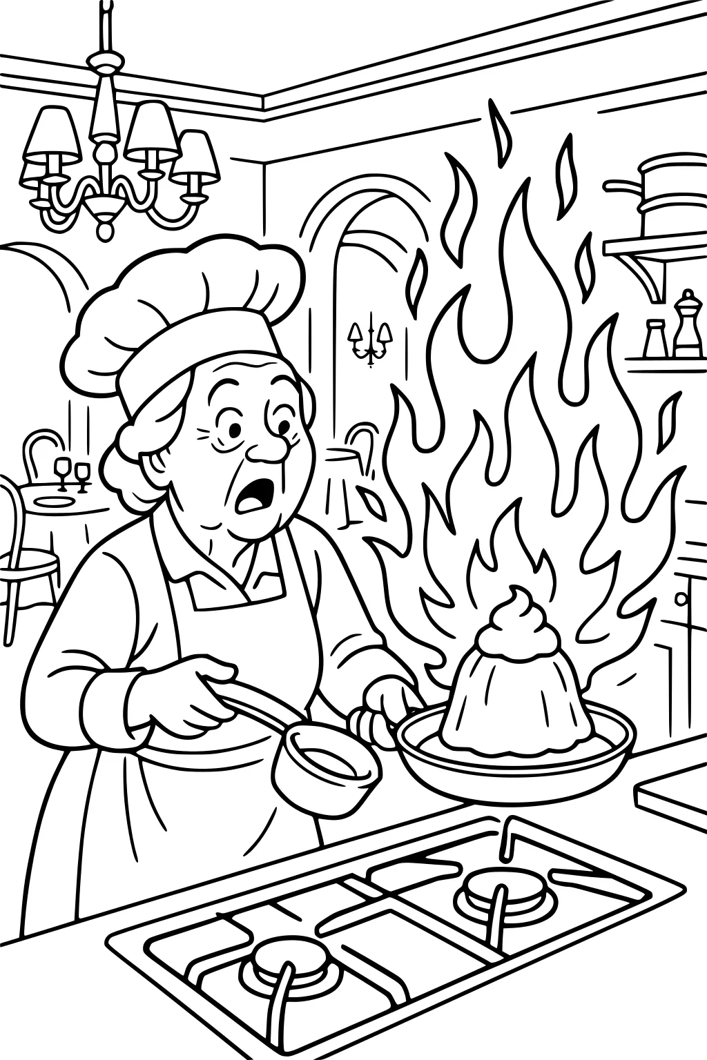 Grandma in chef hat holds pans by flaming pudding on a gas stove in a kitchen with chandelier, shelves, and chairs.