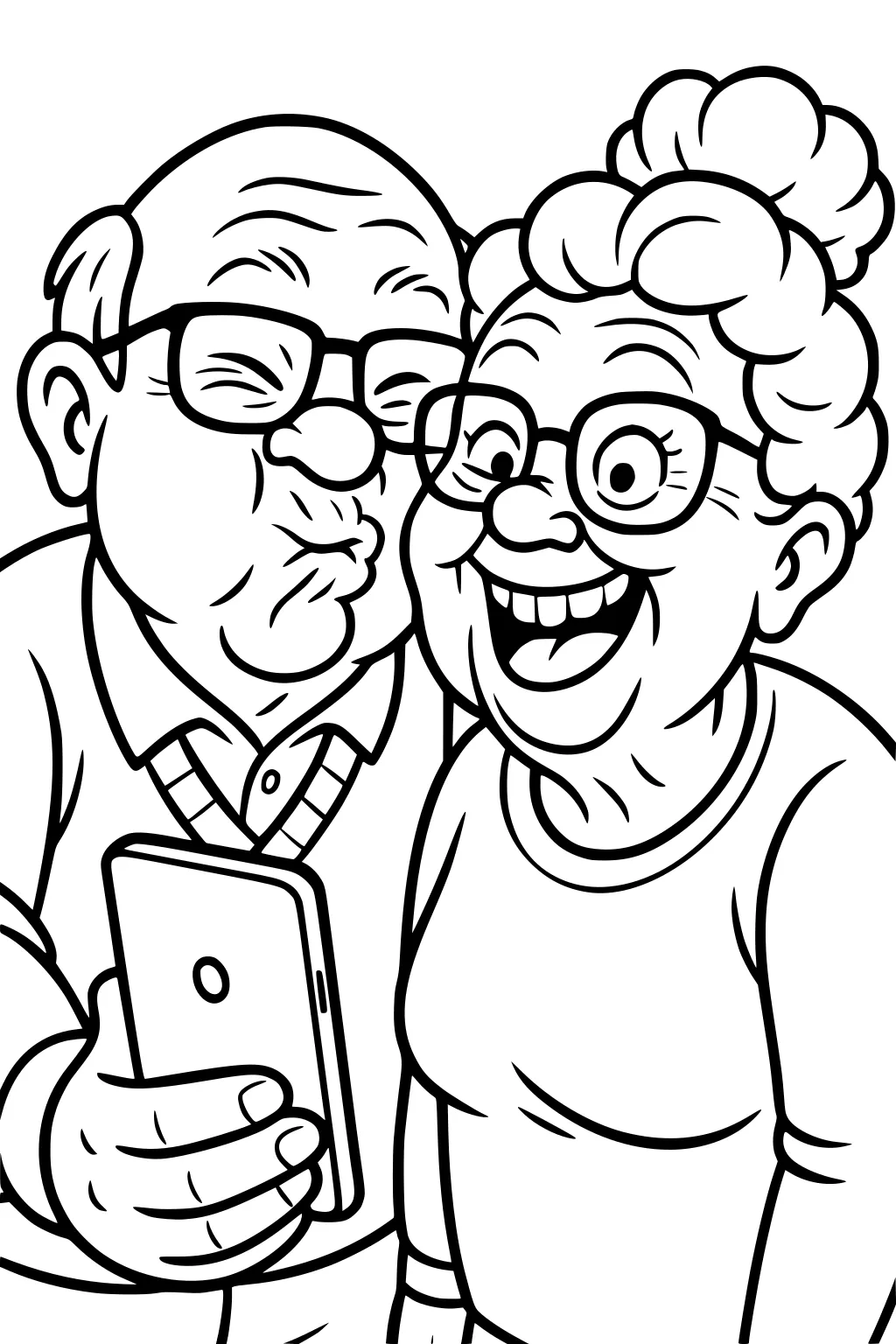 Grandpa holds a phone for a selfie, puckering his lips. Grandma grins beside him. Both wear glasses and simple tops.