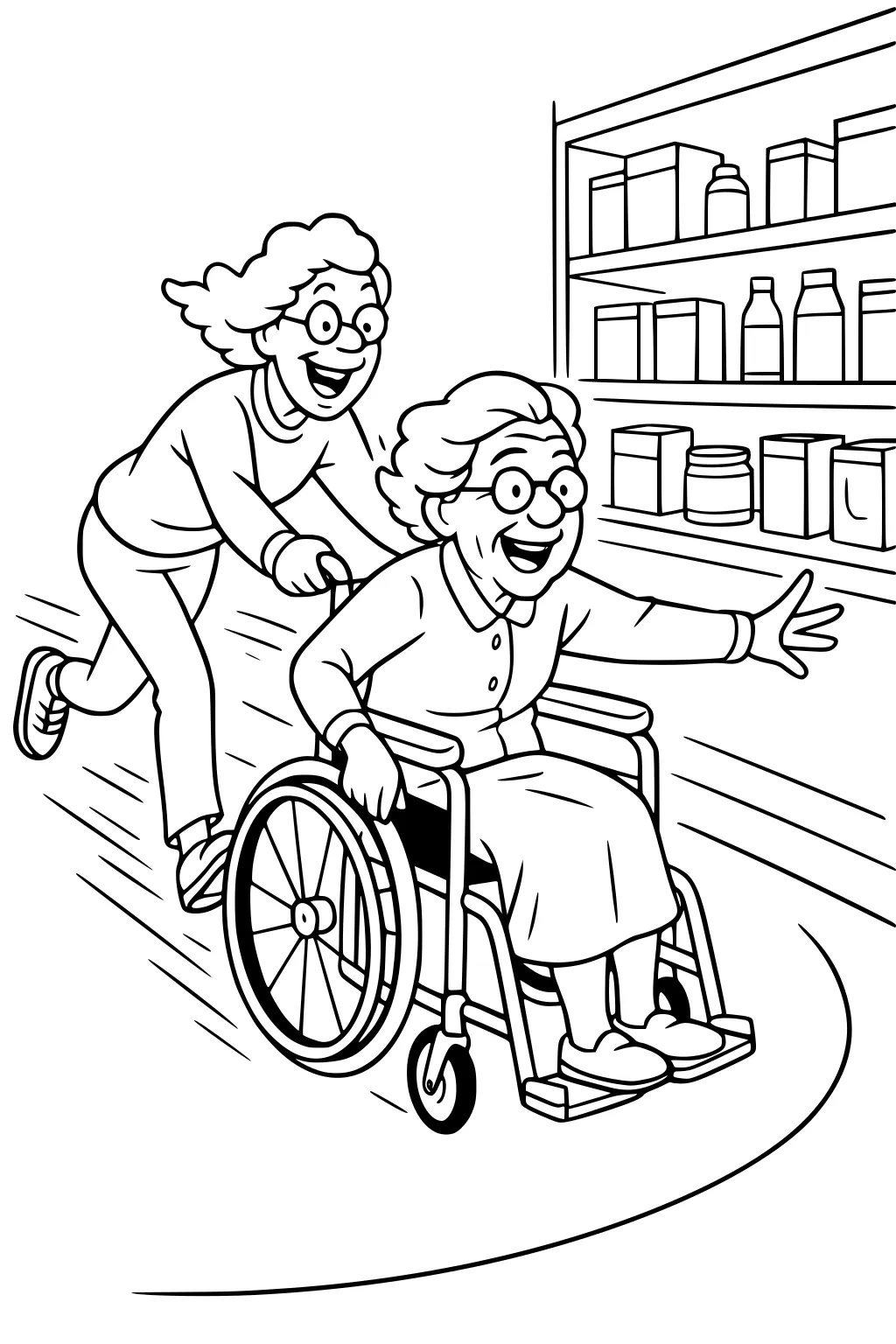 Grandmother in a wheelchair points at store shelves while a smiling granddaughter pushes; jars, bottles, and boxes line one side.