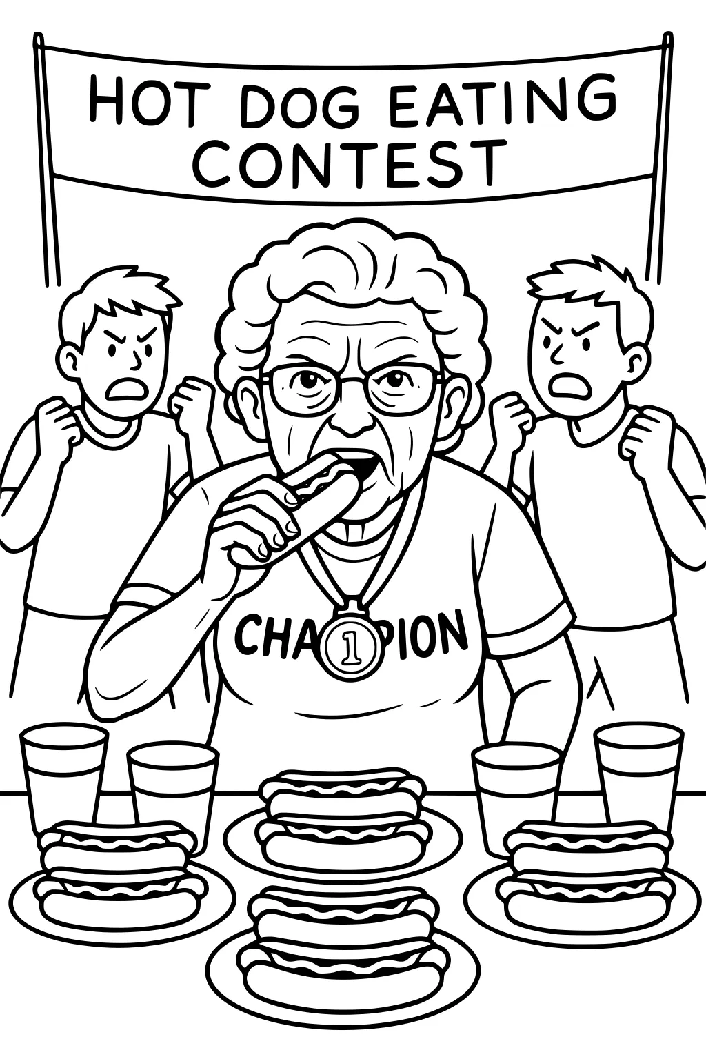 Grandma eats a hot dog at a contest, wearing CHAMPION shirt and medal, two boys cheer, plates and cups on the table.