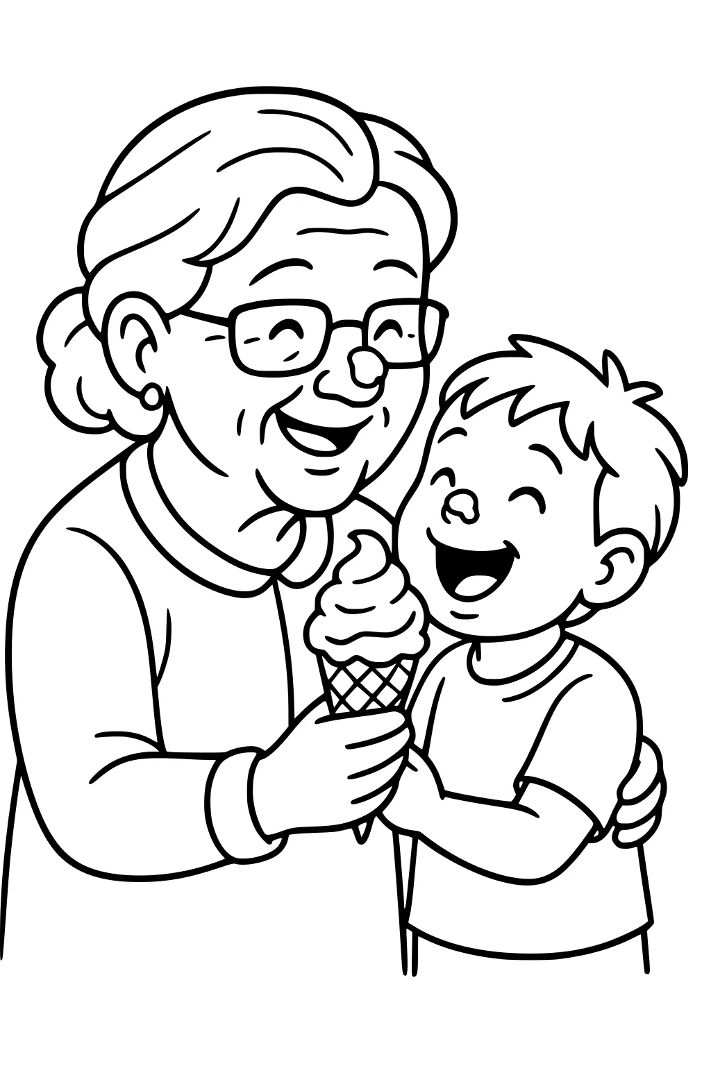 Smiling grandmother with glasses shares a swirled ice cream cone with a laughing boy in a T-shirt, close-up cartoon line art.