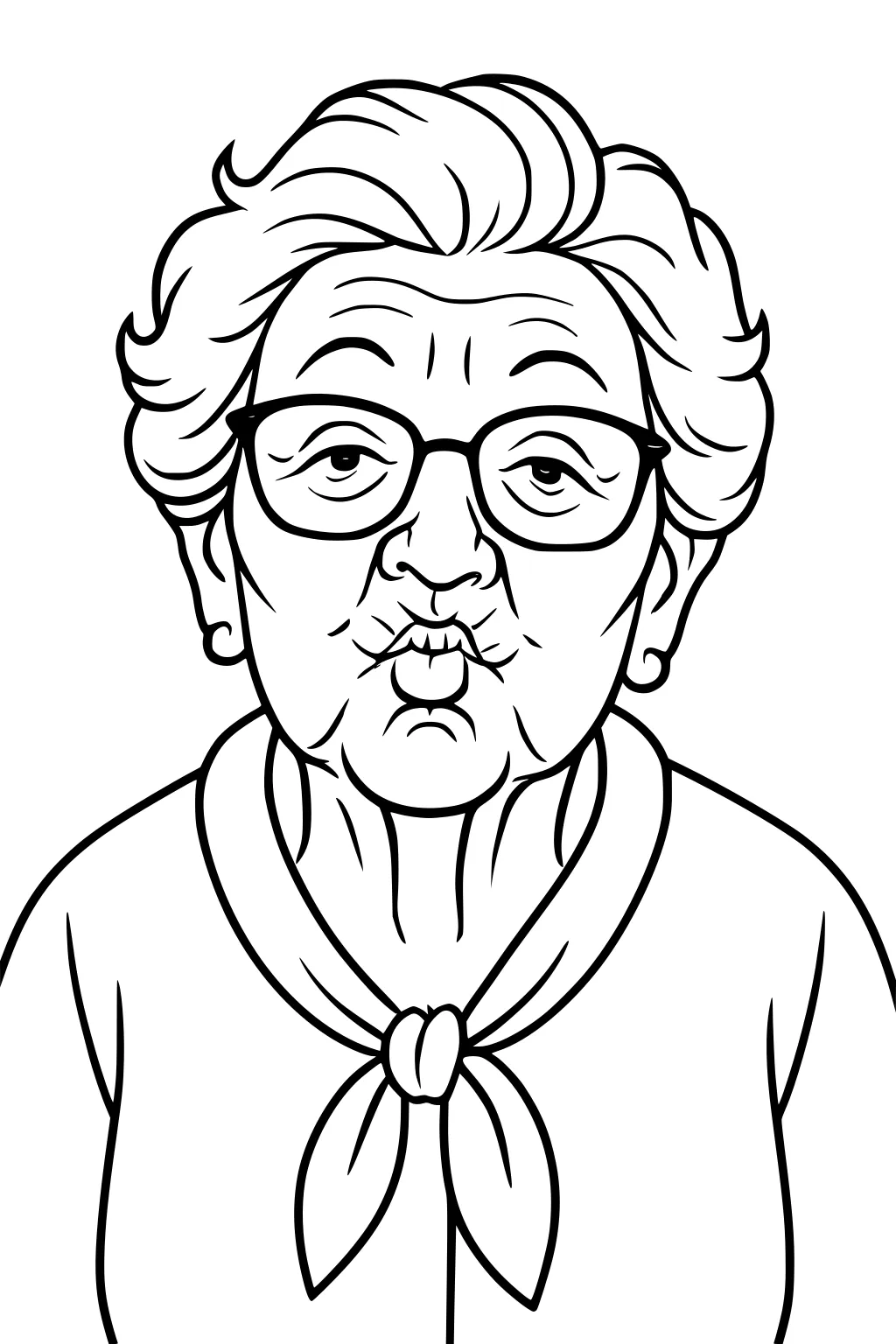 Elderly grandmother with glasses, short wavy hair, scarf at neck, and puckered lips blowing a kiss in simple line art.