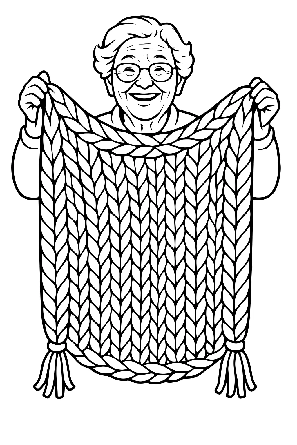 Smiling grandmother in glasses holding a chunky knitted blanket with large braided stitches and tassels, shown from waist up.