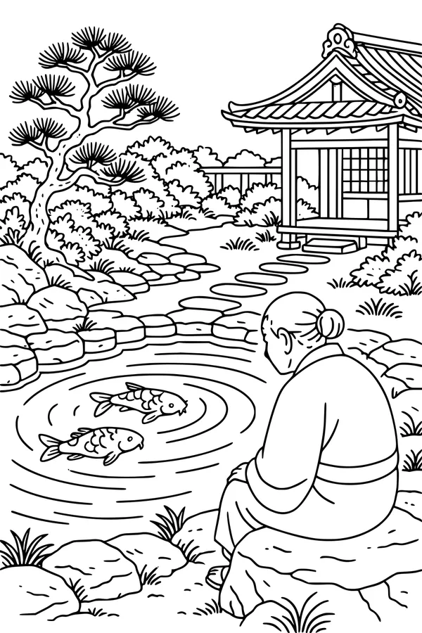 Grandma by the Koi Pond