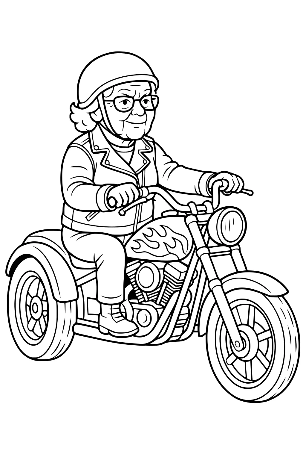 Elderly woman in helmet and glasses riding a motorcycle with a flame tank, leather jacket, and large wheels, seen from the side.