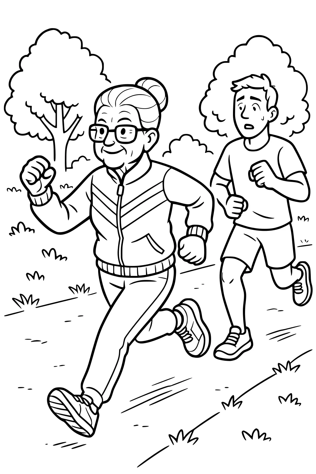 Older woman jogs ahead of a surprised boy on a park path with trees around. Both wear sneakers and sporty outfits.