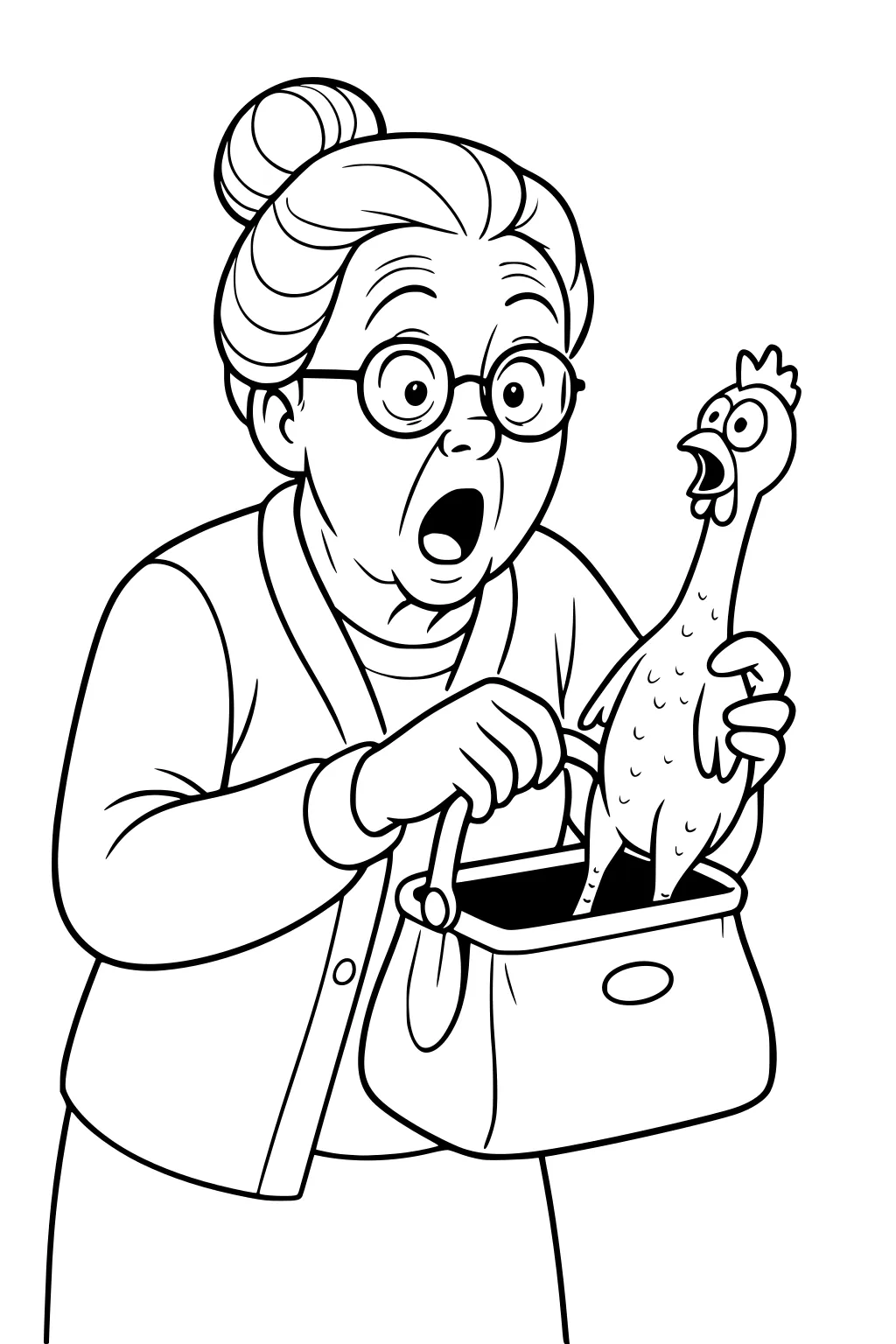Grandma with bun and glasses pulls a rubber chicken from her open purse, mouth wide in surprise, simple cartoon lines.