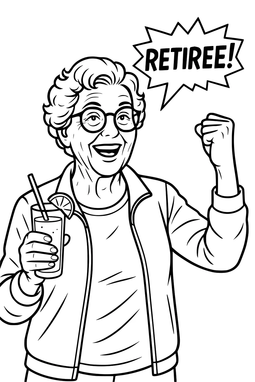 Smiling older woman with glasses raises a fist, holds lemon drink with straw; speech bubble reads RETIREE; jacket and tee.