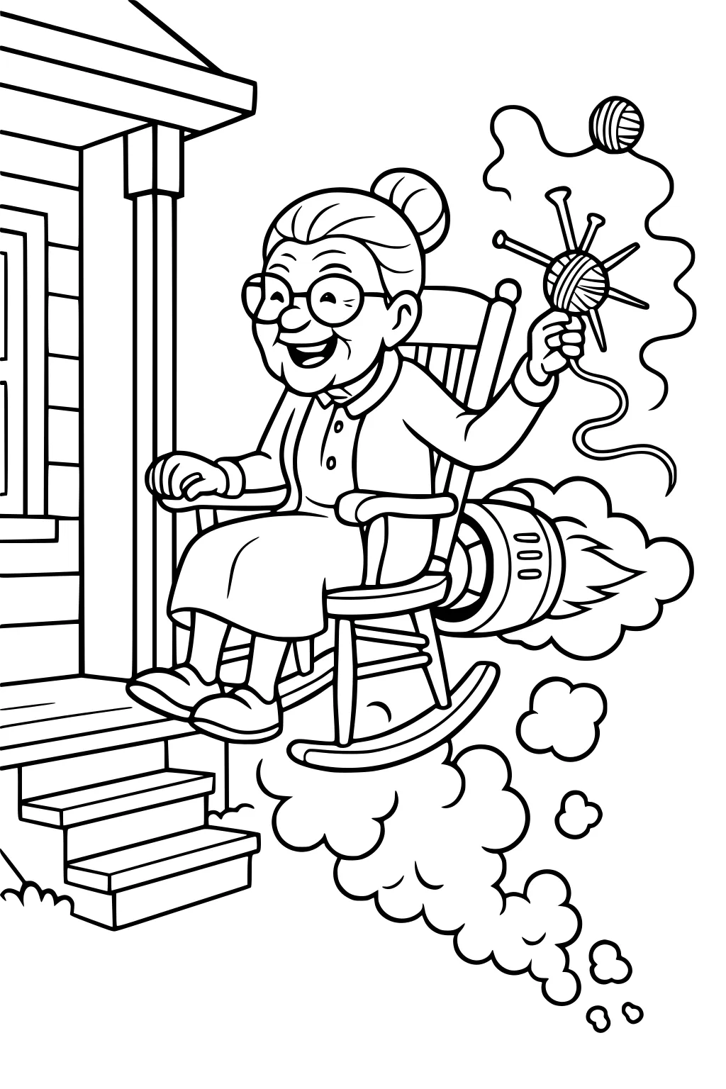 Smiling grandma on a rocket-powered rocking chair beside a porch, holding yarn and knitting needles, with puffs of smoke.