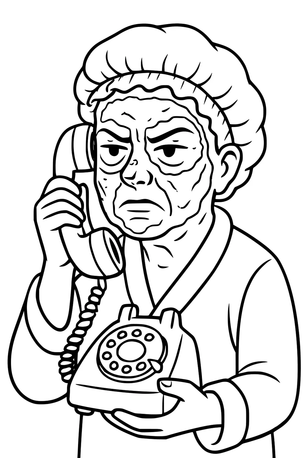Grandmother in a robe holding a rotary phone base and receiver with a coiled cord, wearing a headscarf and listening with a serious expression.