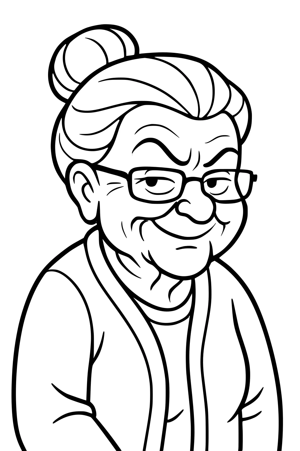 Cartoon grandmother portrait with glasses, hair bun, raised eyebrow, small smile, and cardigan in bold clean outlines.