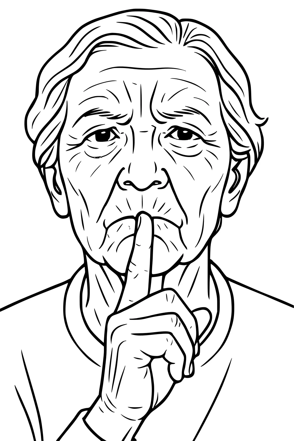 Elderly grandmother with wavy hair makes a shh gesture, finger to lips, calm eyes, sweater collar in black-and-white line art.