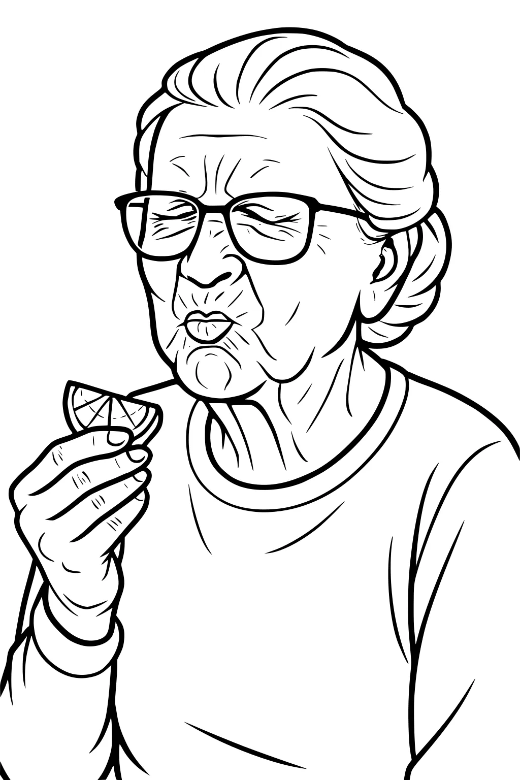 Grandma with glasses puckers after tasting a lemon wedge, hair in a bun, wearing a sweater, holding the slice near her mouth.