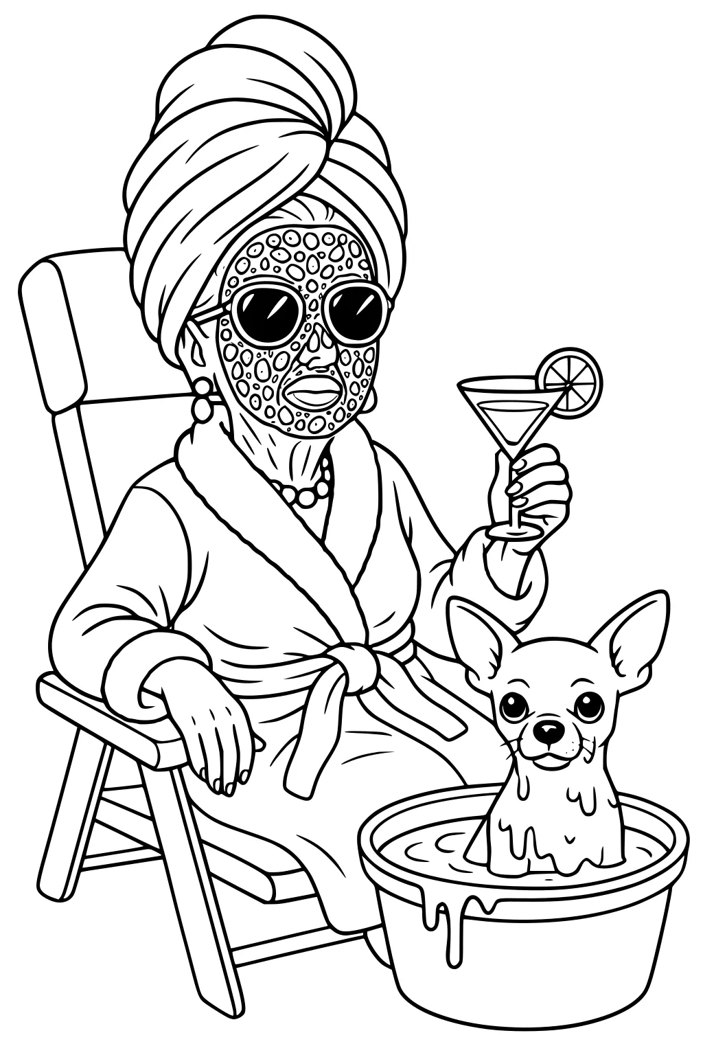 Elderly grandma in robe and towel, dotted face mask and sunglasses, holding lemon drink beside chihuahua soaking in a tub.