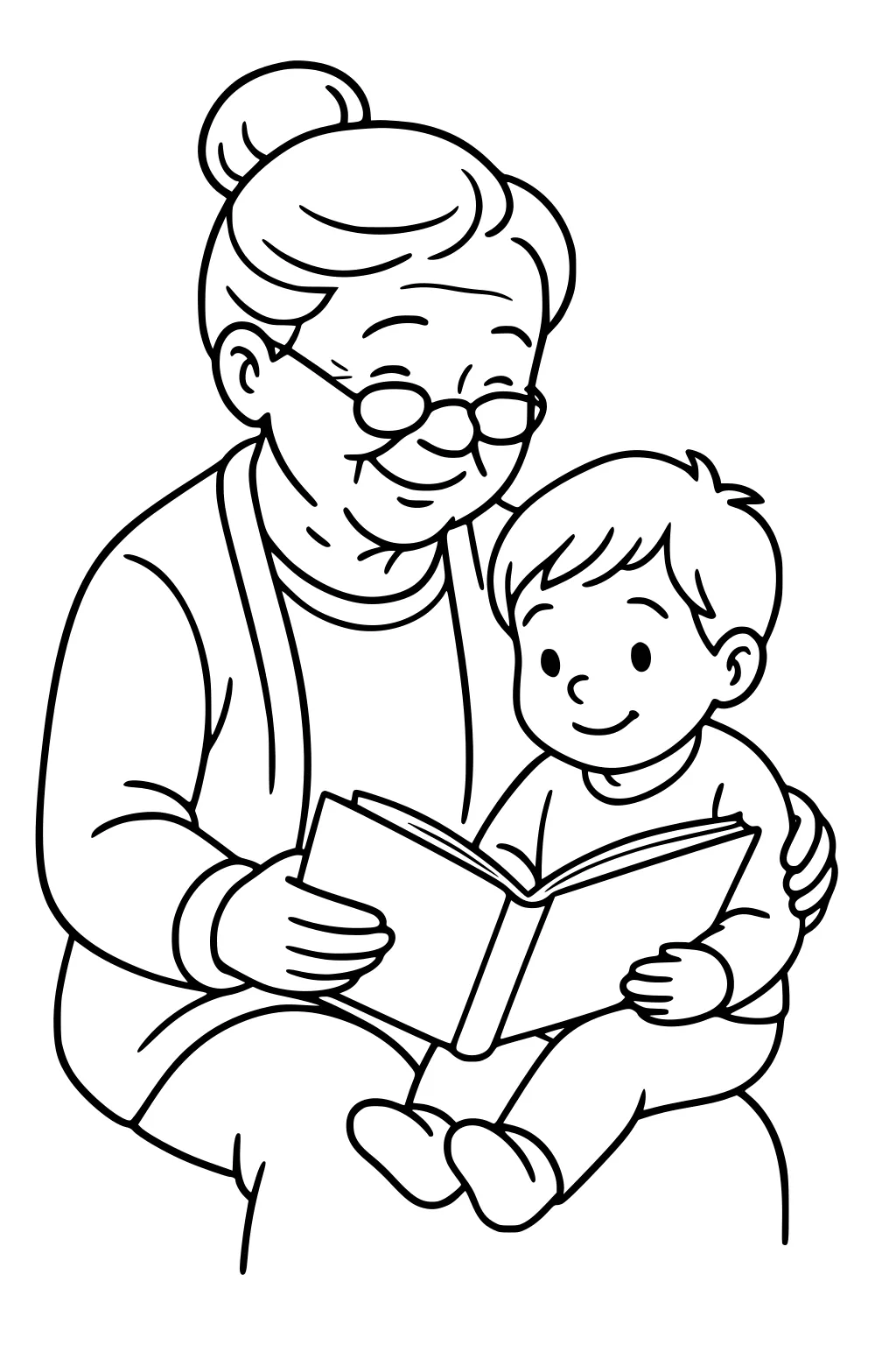 Grandmother with bun and glasses reads with a young boy on her lap; both smiling and holding an open book, simple line art.