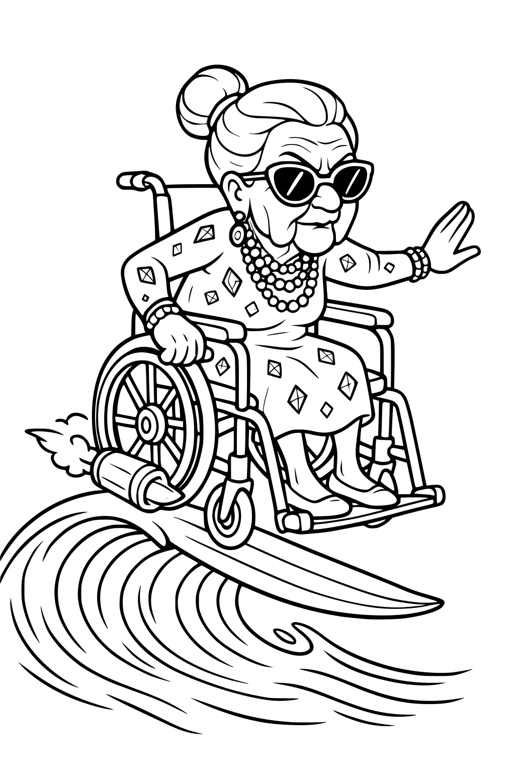 Grandmother in sunglasses surfs a wave in a wheelchair with a small rocket, patterned dress and beads, hand out for balance on a long board.