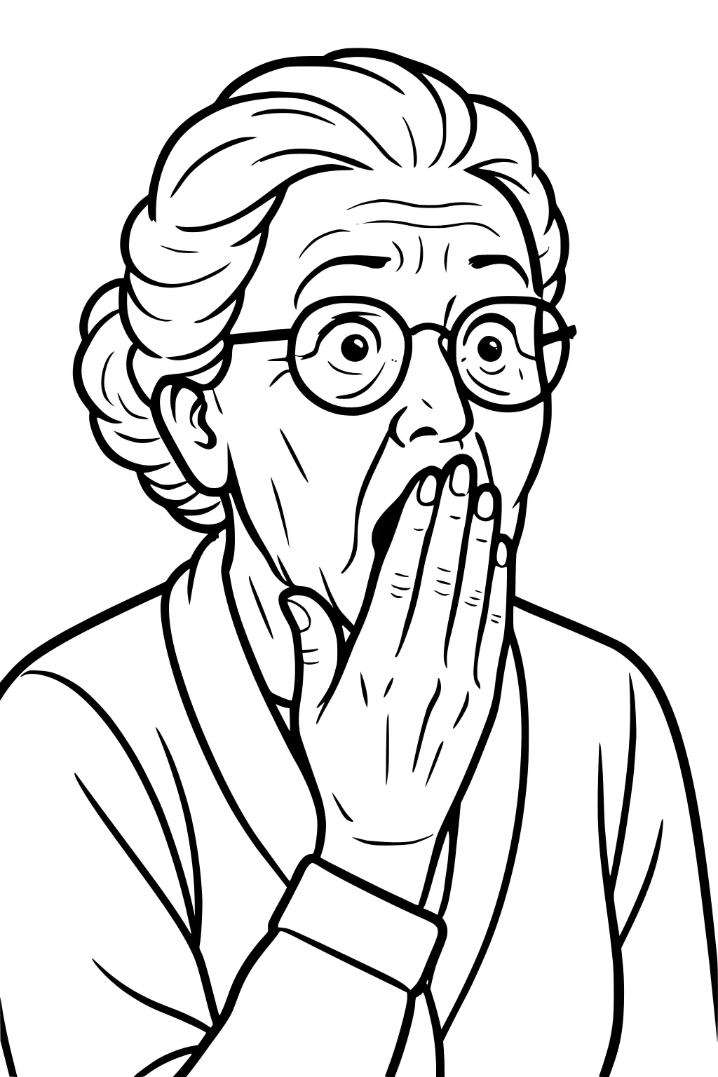 Elderly grandmother with glasses and bun, wide eyes, hand covering mouth, wearing a cardigan, simple black line art portrait.