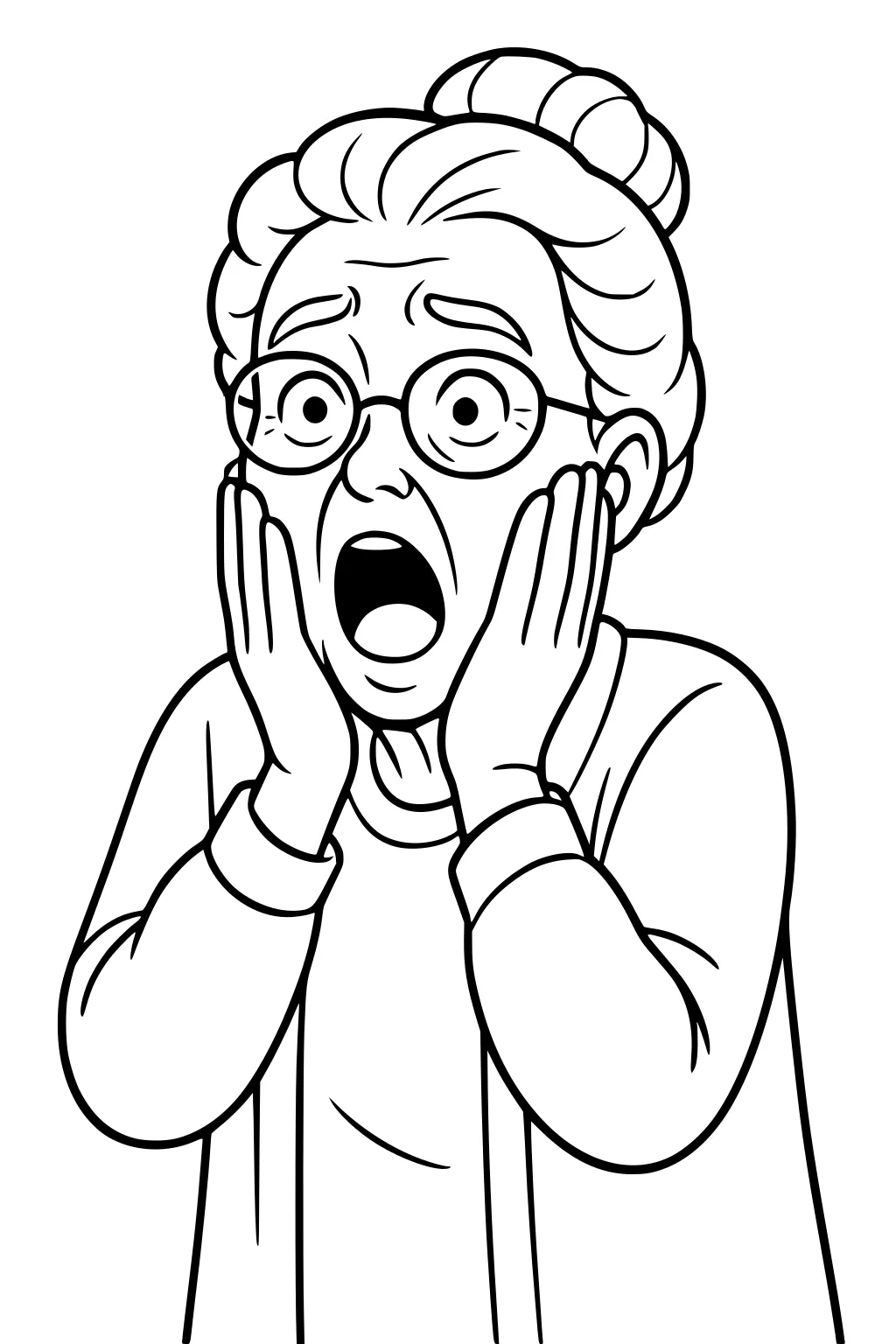 Elderly grandmother with bun and round glasses, mouth open in surprise, hands on cheeks, simple cartoon line art portrait.