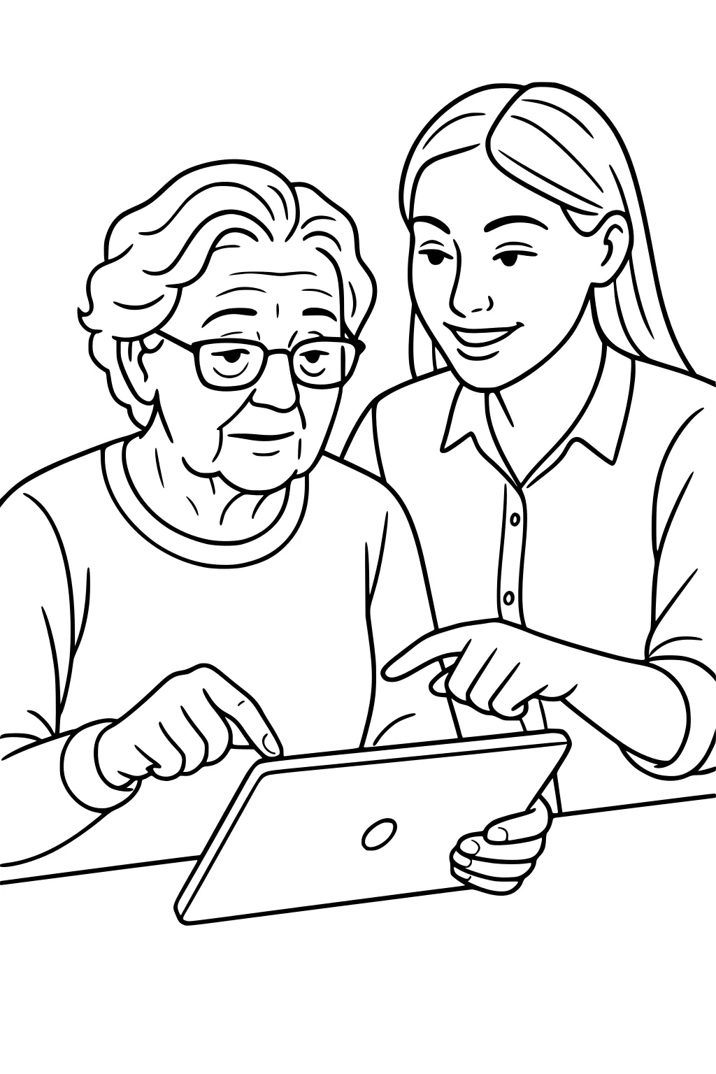 Grandmother in glasses uses a tablet with her granddaughter, both pointing at the screen while sitting together at a table.