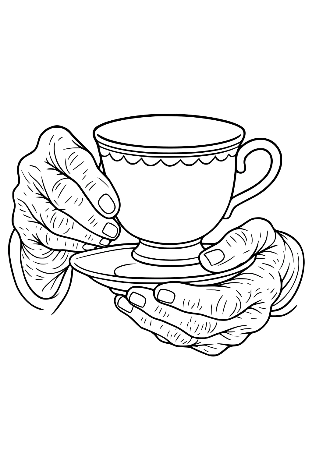 Elderly hands hold a teacup with scalloped rim and saucer; one hand supports the saucer, the other steadies the cup.