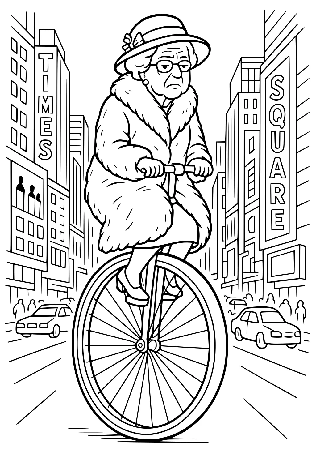 Elderly woman in fur coat rides a tall penny-farthing bike through Times Square with big vertical signs, cars, and sidewalk crowds.