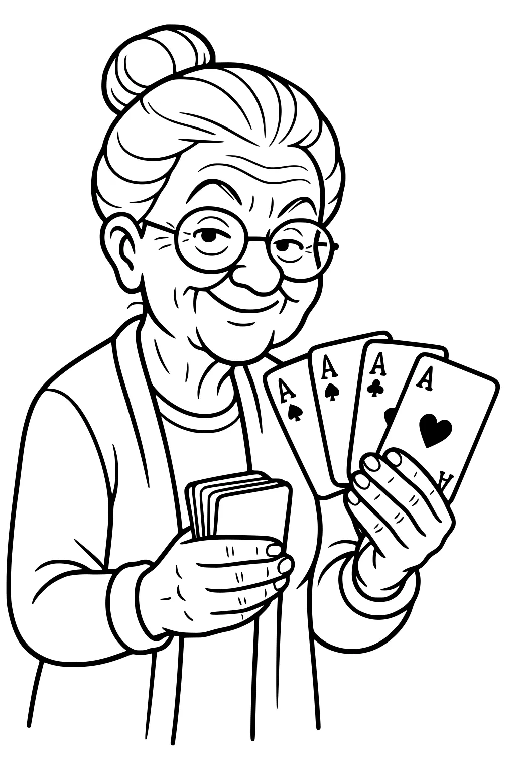 Smiling grandmother with glasses and bun holds three aces in one hand and a deck in the other.
